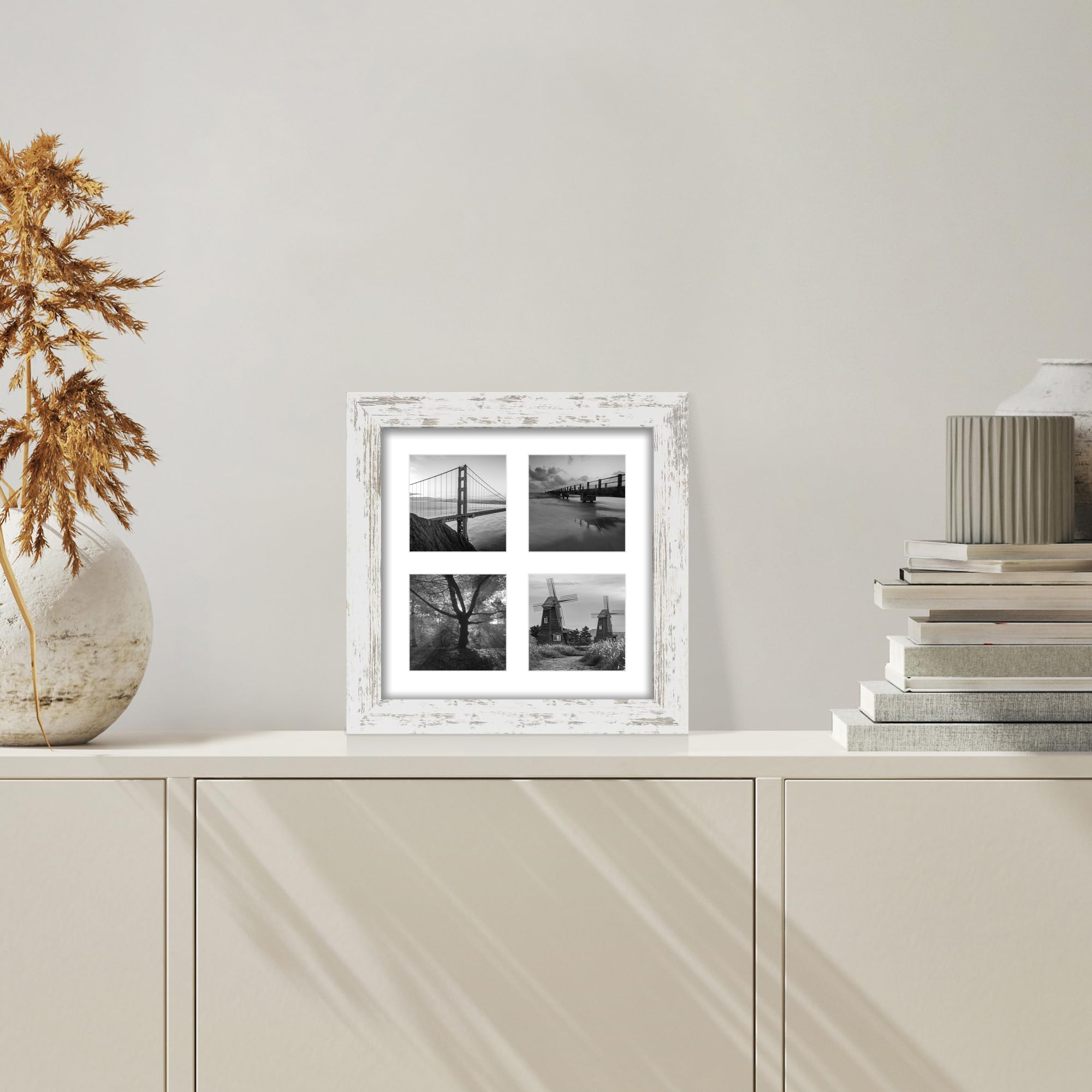 Hongkee 8x8 Picture Frame Set of 2, with Glass and Distressed White Wood Frames, Display Collage Four Opening 3x3 With Mat or 8